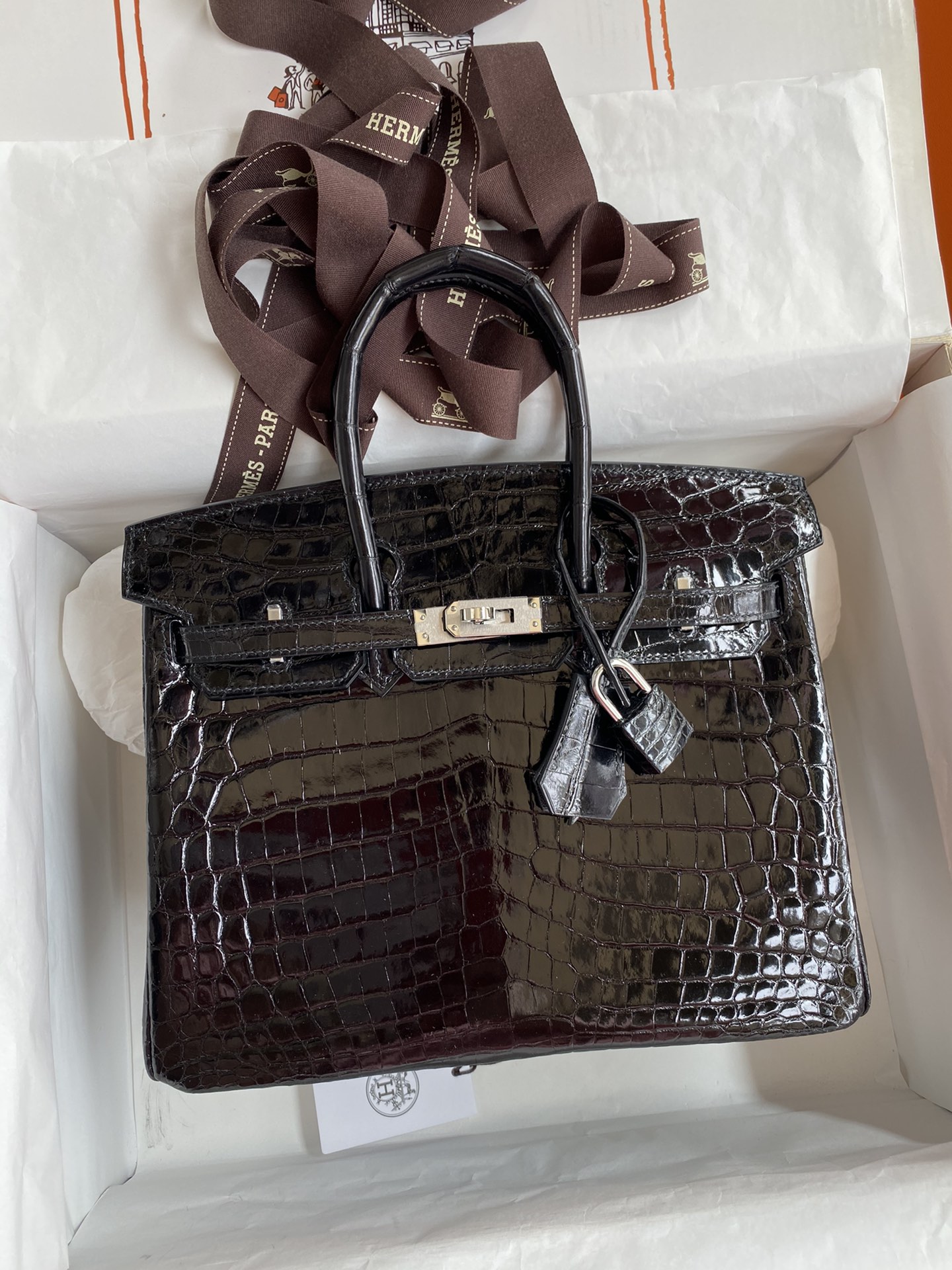 Hermes Birkin 25CM Handmade Bag In Black Crocodile Niloticus Shiny Skin